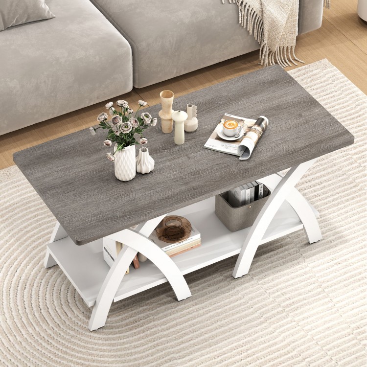 Gray 40-inch farmhouse coffee table with X-shaped legs, featuring a spacious tabletop and open storage shelf for.
