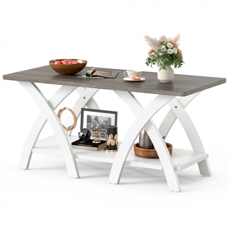40-inch gray farmhouse coffee table showcasing a beautiful wood grain surface and X-shaped legs, ideal for modern.
