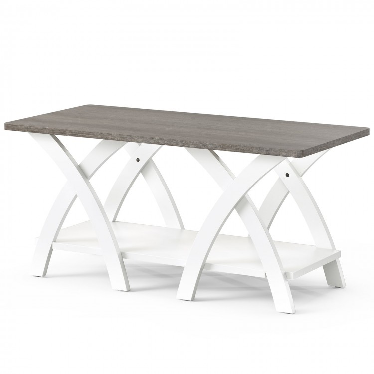 Gray 40-inch farmhouse coffee table with X-shaped legs and open storage shelf, perfect for living room organization.