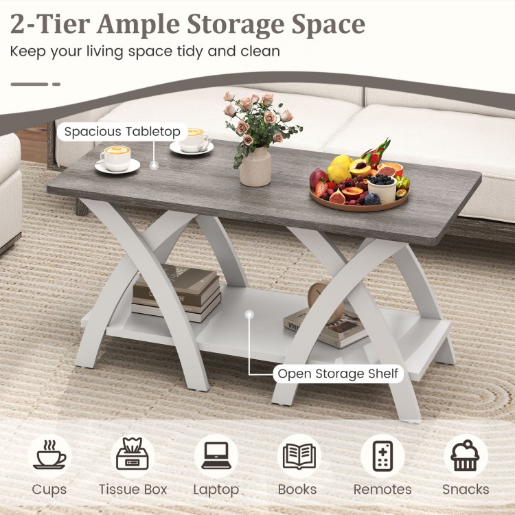 Gray 40-inch farmhouse wooden coffee table with X-shaped legs, featuring a spacious tabletop and open storage shelf.