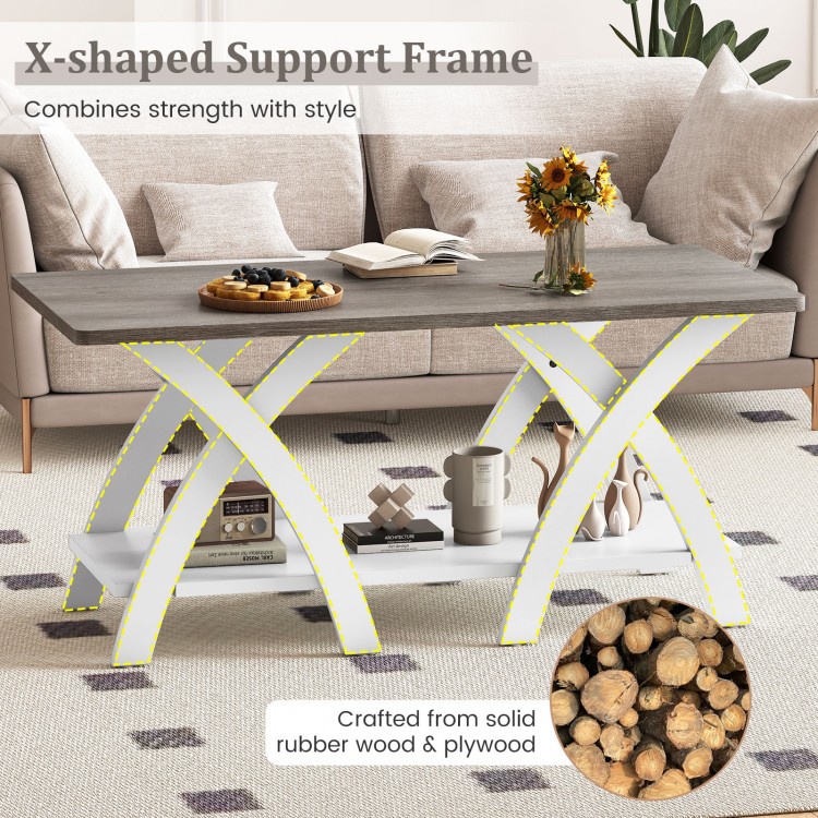 40-inch gray farmhouse coffee table with X-shaped legs, featuring a spacious tabletop and open storage shelf for.