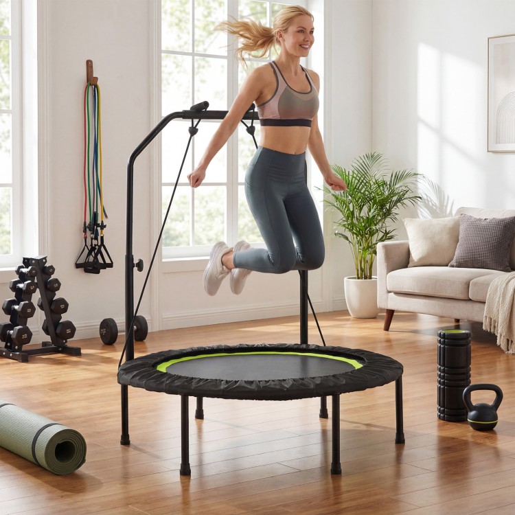 Fitness trampoline with adjustable handlebar, resistance bands, and a sturdy frame for indoor workouts and balance improvement.
