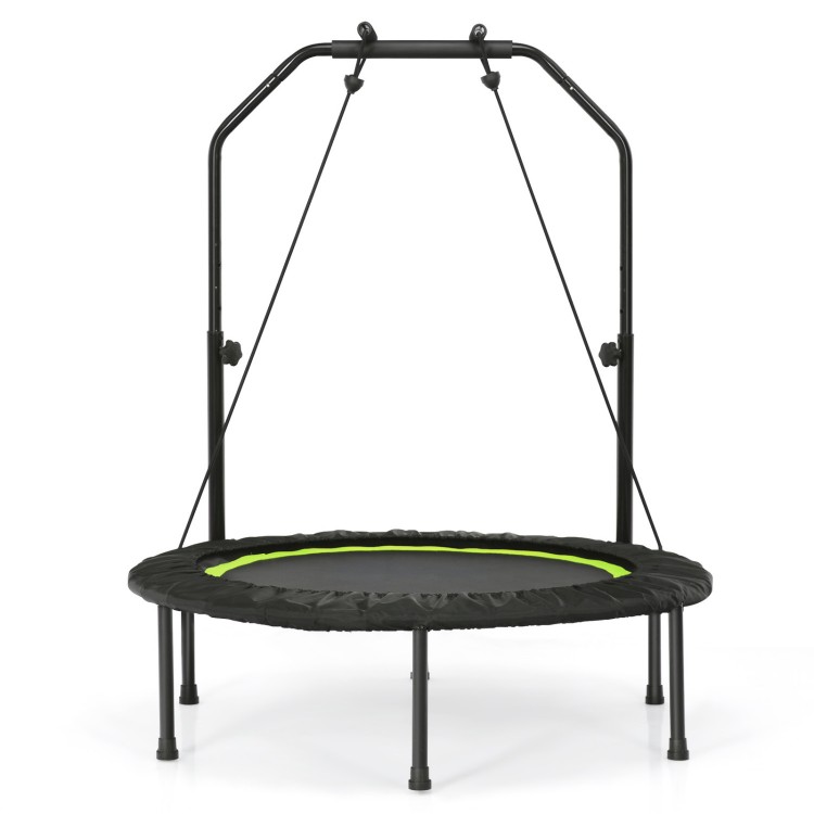40-inch fitness trampoline with adjustable handlebar, 36 elastic cords, and two resistance bands for versatile workouts.