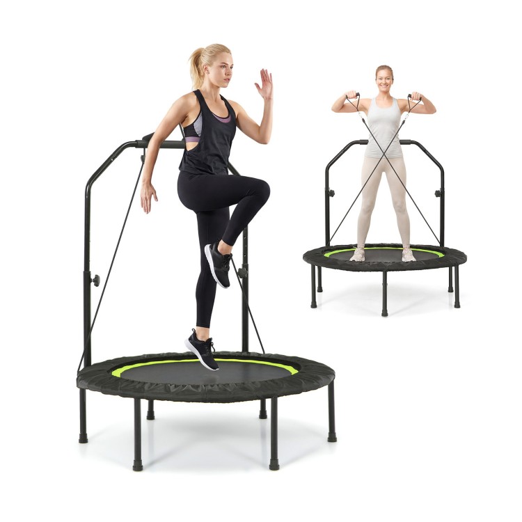Fitness trampoline with adjustable handlebar and resistance bands for improved balance and strength training.