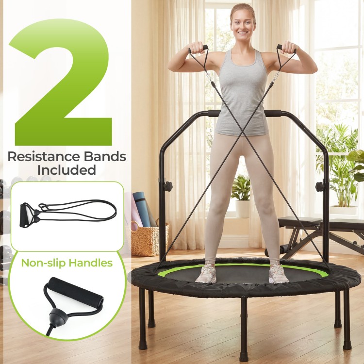 Fitness trampoline with adjustable handlebar and two resistance bands for improved balance and strength training.