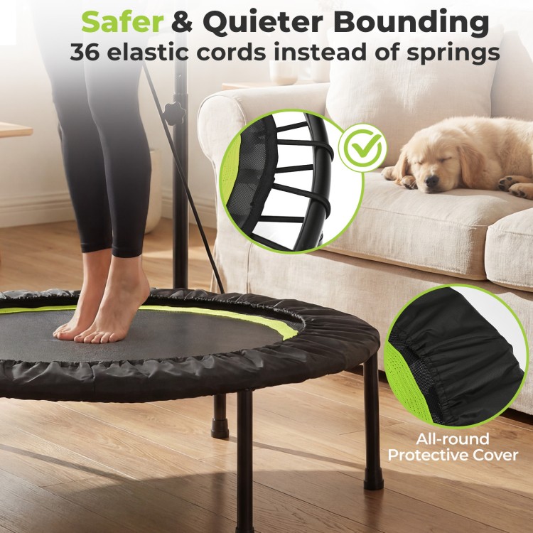 40-inch fitness trampoline with 36 elastic cords, adjustable handlebar, and protective cover for safe workouts.