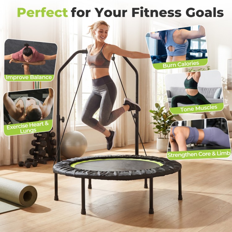 40-inch fitness trampoline with adjustable handlebar, resistance bands, and safety features for effective workouts.