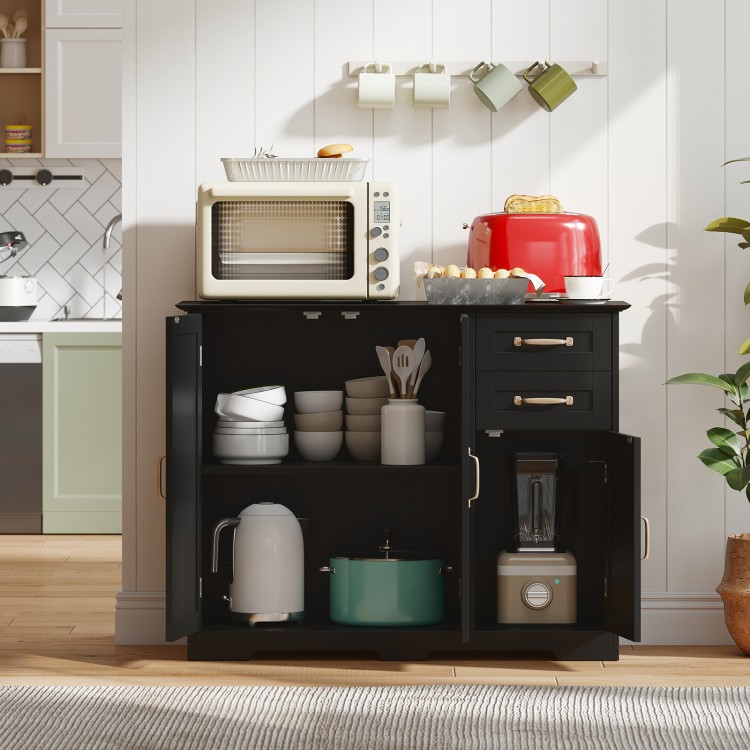 Modern black kitchen sideboard buffet cabinet with adjustable shelf and gold-tone handles, ideal for kitchen.