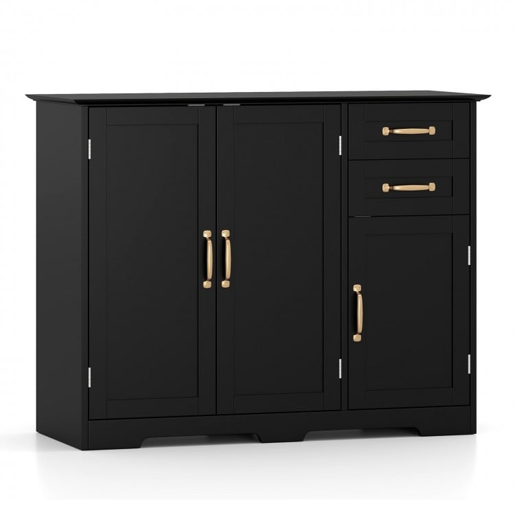 Black modern kitchen sideboard buffet cabinet with gold-tone handles, featuring 2 drawers and adjustable inner shelf.