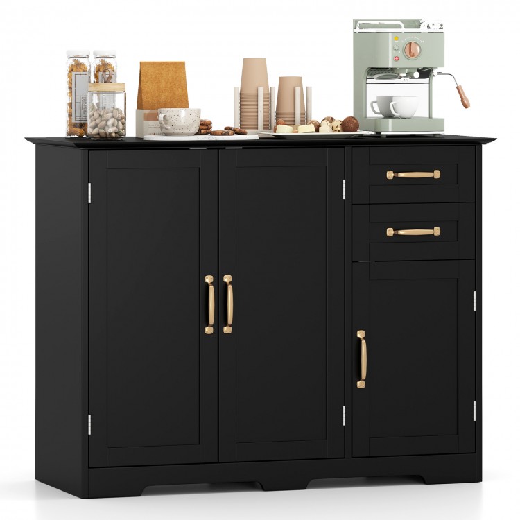 Modern black kitchen sideboard buffet cabinet with gold-tone handles, featuring two drawers and adjustable shelf for.