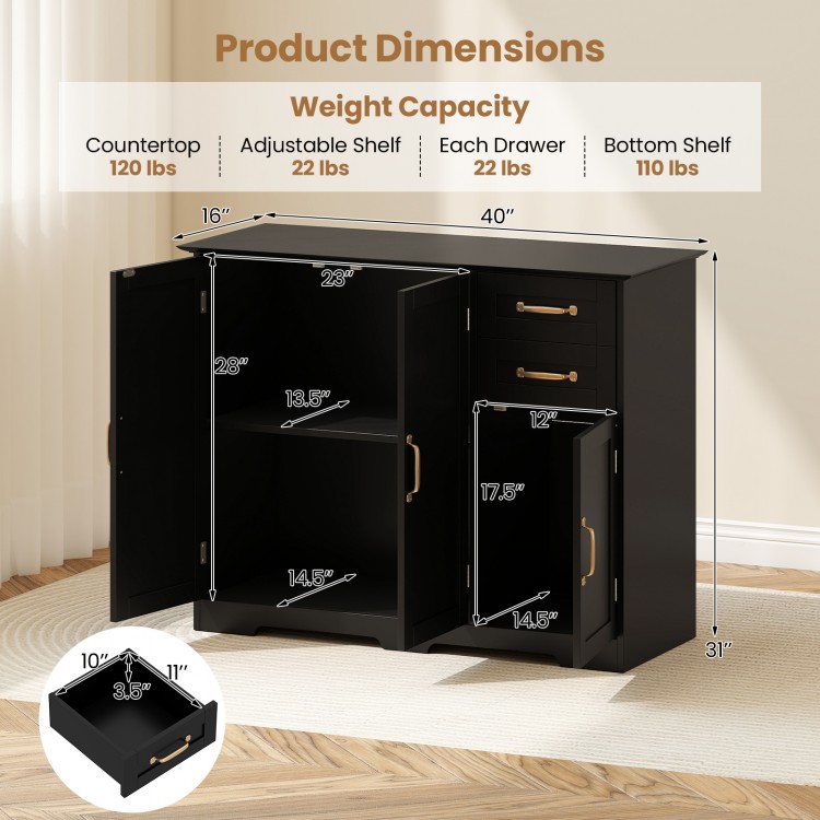 40-inch black modern kitchen sideboard buffet cabinet with 2 drawers and adjustable shelf for versatile storage.