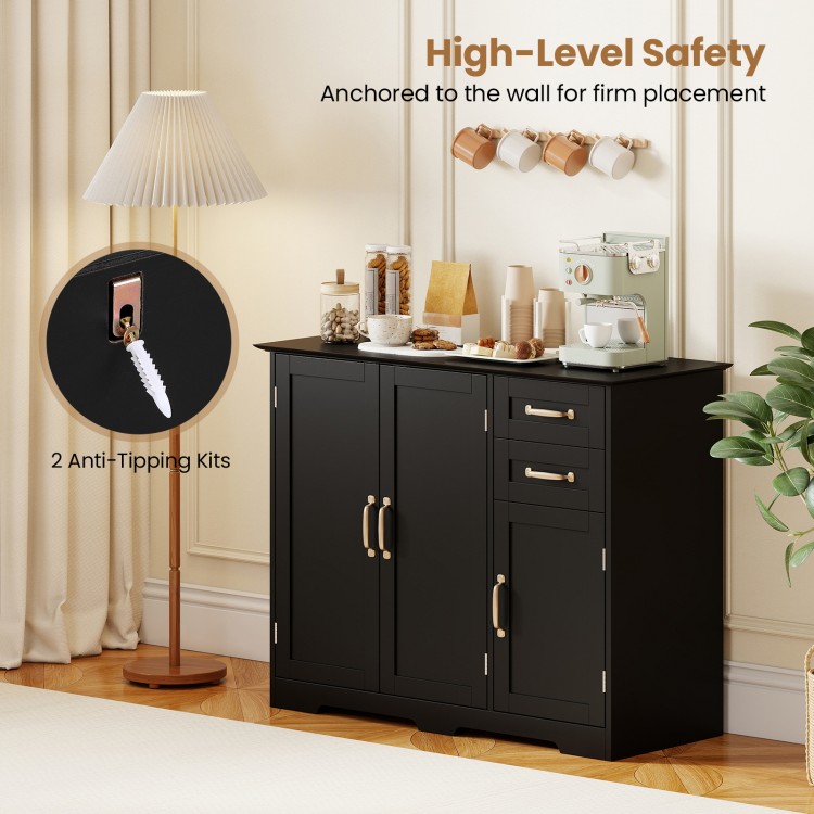 Modern black kitchen sideboard cabinet with 2 drawers, adjustable shelf, and anti-tipping kits for safety and stability.