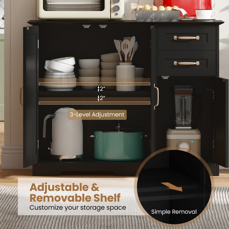 Modern black kitchen sideboard buffet cabinet with adjustable shelf and two drawers for organized storage.