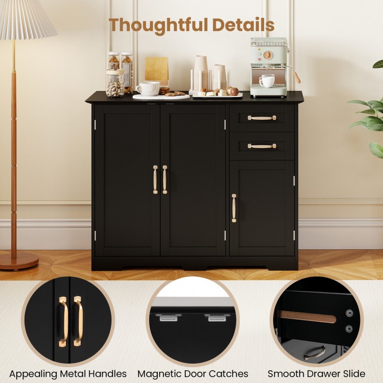 Modern black kitchen sideboard buffet cabinet with gold-tone handles, featuring two drawers and an adjustable inner.
