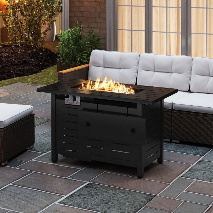 Rectangle black propane fire table with lava rocks, 48,000 BTU output, perfect for patio gatherings.