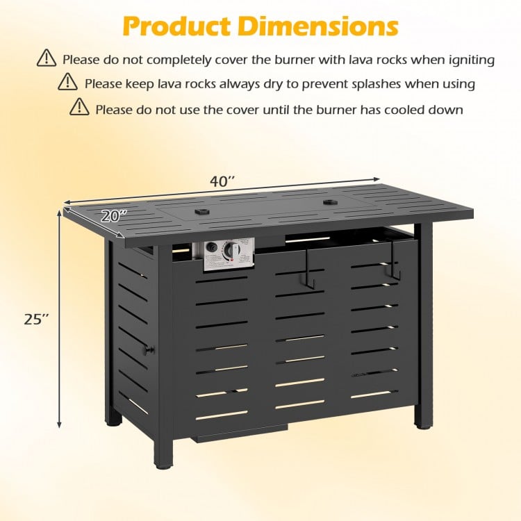 Dimensions of the 40-inch black outdoor propane fire pit table, featuring a removable lid and lava rocks for heat.