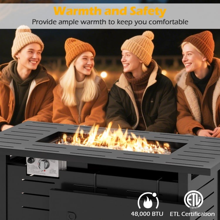 Rectangle outdoor propane fire pit with adjustable flames, 48,000 BTU, and lava rocks, perfect for patio gatherings.