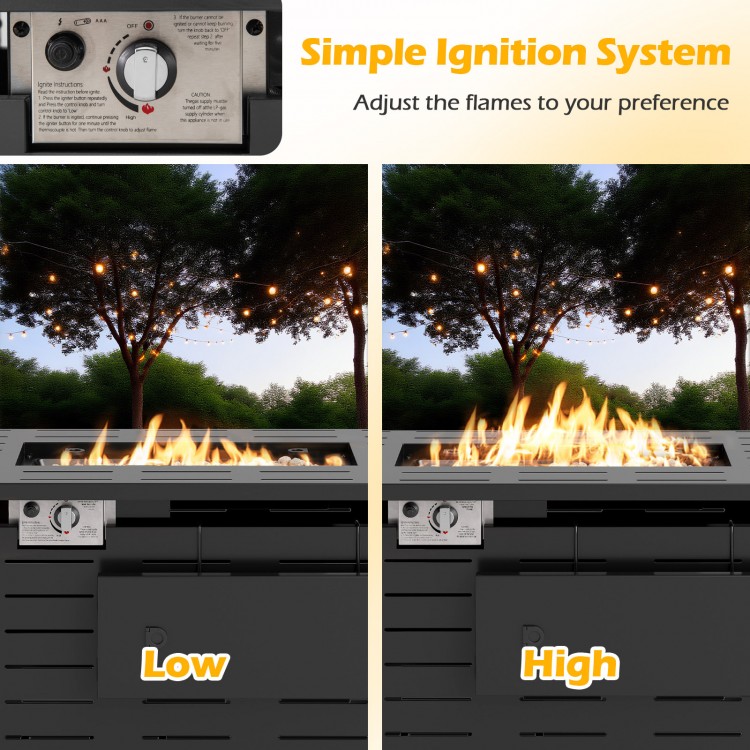 Adjustable flame settings on the 40-inch outdoor propane fire pit, showcasing low and high flame options for.