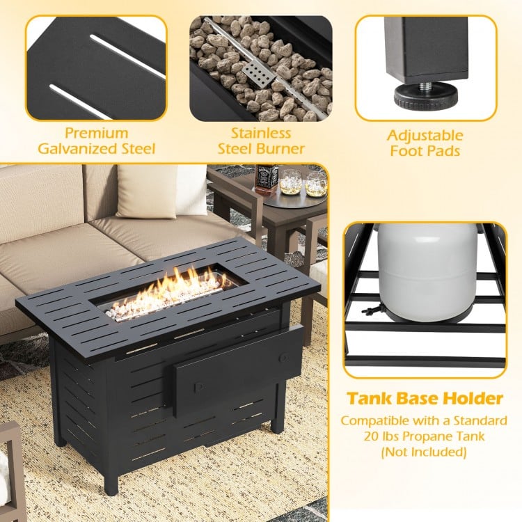 Rectangle gas fire table with lava rocks, made of galvanized steel, for outdoor gatherings and warmth on patios.