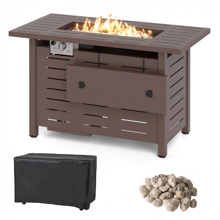 Rectangular 40-inch outdoor propane fire pit in brown with adjustable flames, lava rocks, and protective cover for.