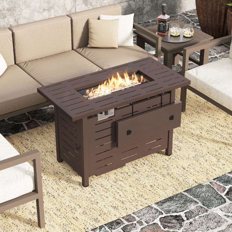 Rectangle gas fire table with lava rocks, brown galvanized steel, 48,000 BTU, perfect for outdoor gatherings.