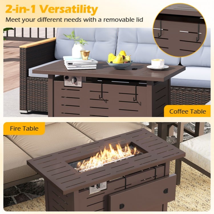 Rectangular 40-inch outdoor propane fire table in brown, featuring a removable lid for versatile use as a coffee table.