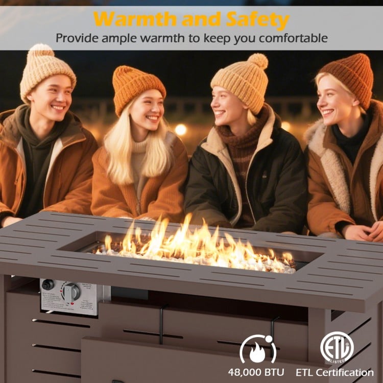 Rectangular 40-inch outdoor propane fire pit with lava rocks, 48,000 BTU, perfect for patio gatherings and ambiance.