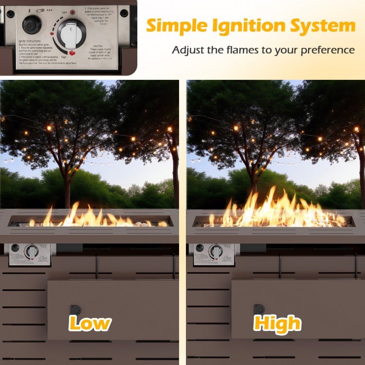 Adjustable flames on the 40-inch outdoor propane fire pit, showcasing low and high settings for customizable warmth.
