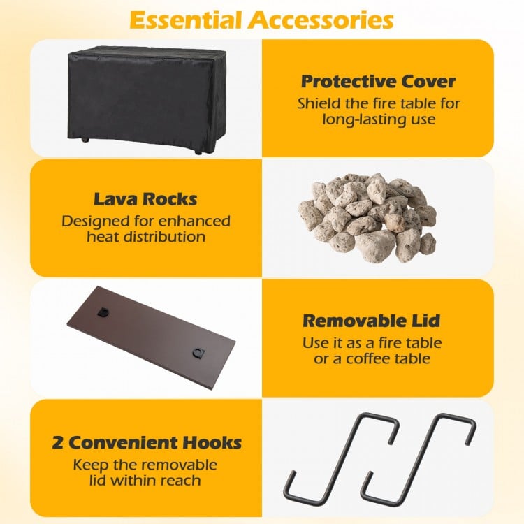 Removable lid for 40-inch propane fire pit, allowing use as a fire table or coffee table, with convenient hooks.