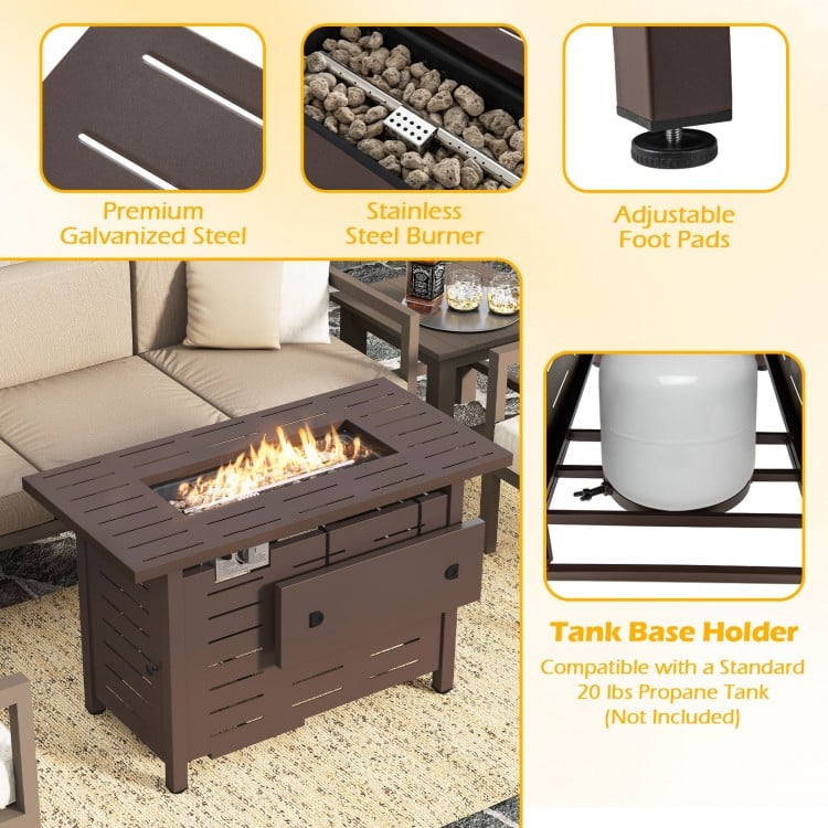 Rectangle gas fire table in brown with lava rocks, adjustable flames, and stainless steel burner for outdoor gatherings.
