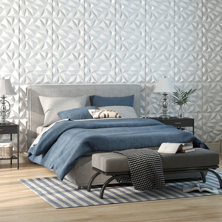 3D wall panels with decorative diamond patterns in white, made from lightweight PVC for easy installation and.
