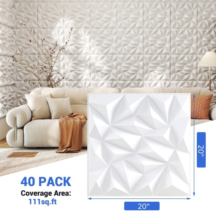 White 3D wall panel with decorative diamond patterns, 20"x20", lightweight PVC, ideal for DIY home decor.