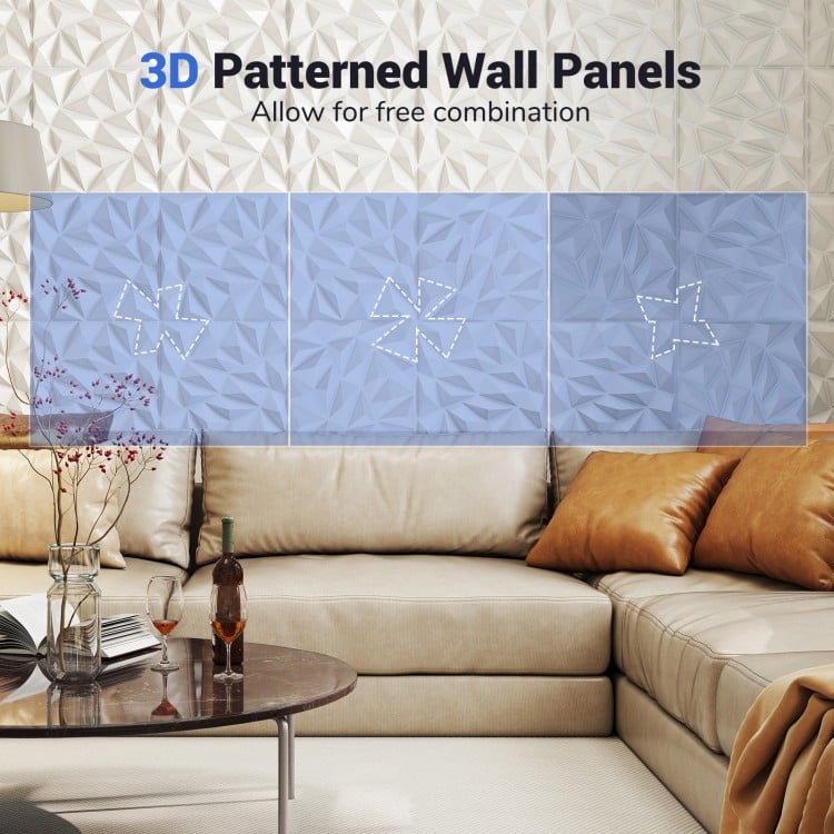 Three 3D patterned wall panels in white, made from PVC, ideal for creative DIY decor in living spaces.