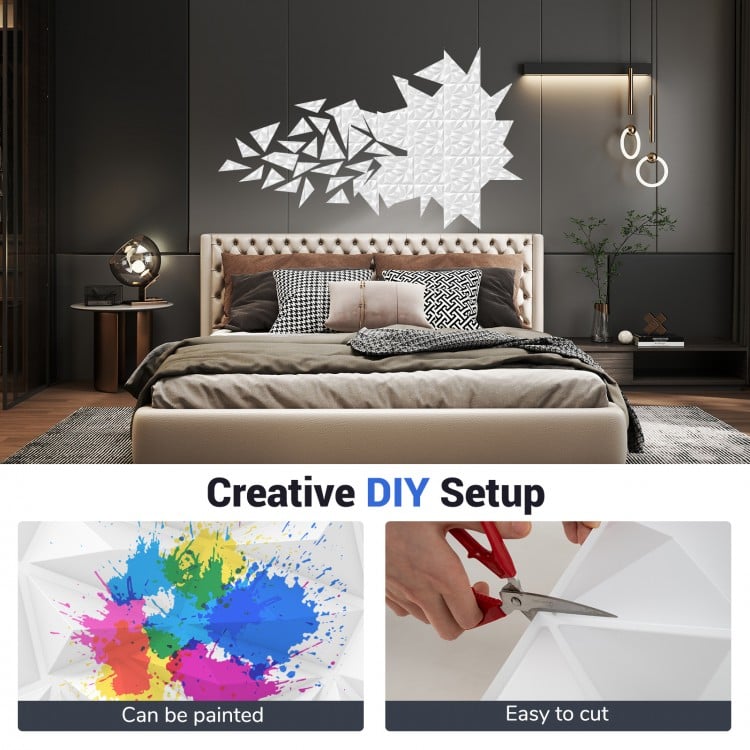 3D wall panels with decorative diamond patterns in white, made from PVC, ideal for creative DIY setups and easy to.