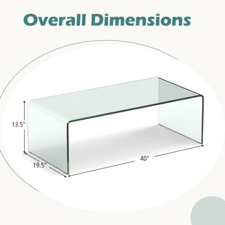 40 x 19.5 x 13.5 inch glass coffee table with rounded edges, featuring a clear design for elegant living room decor.