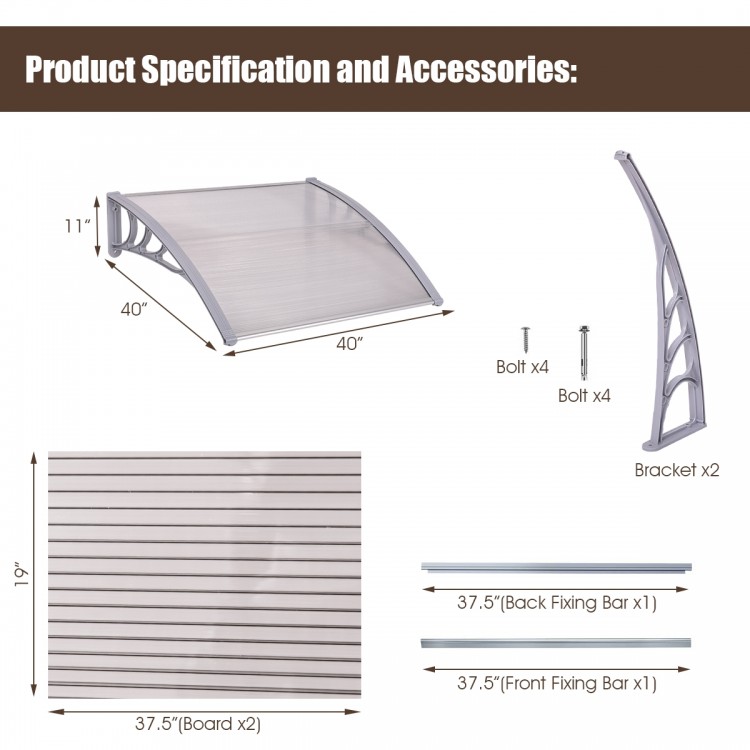 40" x 40" gray polycarbonate outdoor door window awning canopy, ideal for sun and rain protection, easy to install.