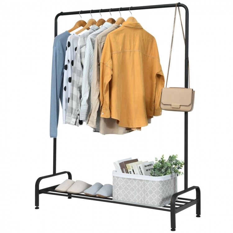 Clothes stand rack featuring a sturdy top rod and lower storage shelf, ideal for organizing garments and accessories.