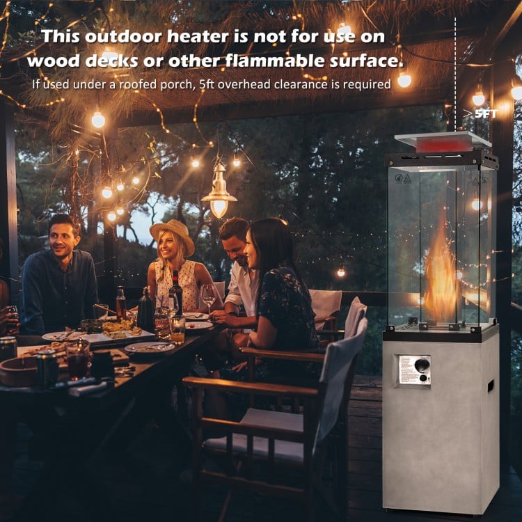 41,000 BTU propane patio heater with metal hood, providing powerful heat and ambient flames for outdoor gatherings.