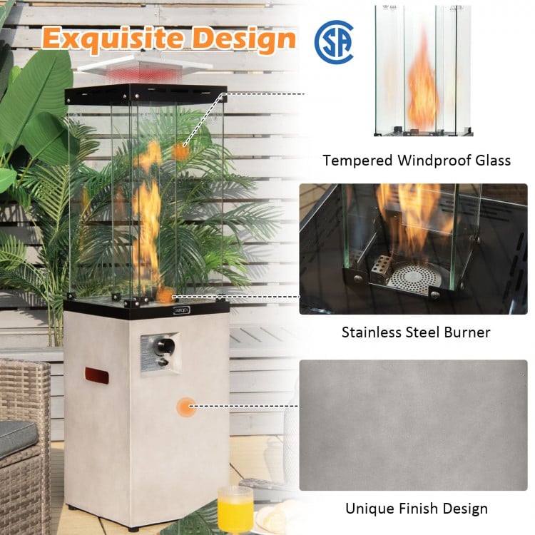 Gray 41,000 BTU propane patio heater with stainless steel burner and tempered glass, perfect for outdoor heating.