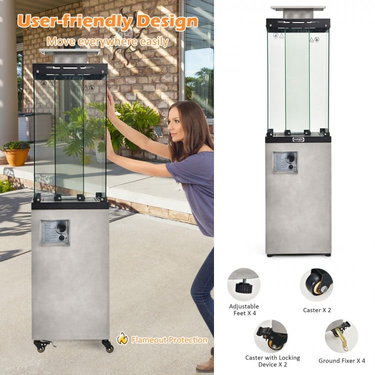 41,000 BTU propane patio heater with metal hood, durable magnesium oxide, ideal for backyard heating and ambiance.