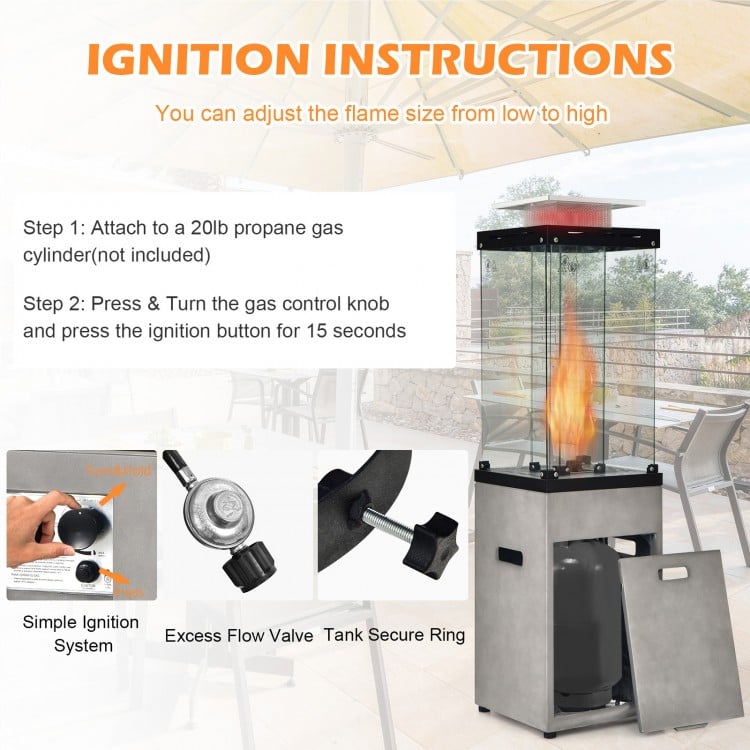 41,000 BTU propane patio heater with metal hood, featuring a simple ignition system and adjustable flame size for.
