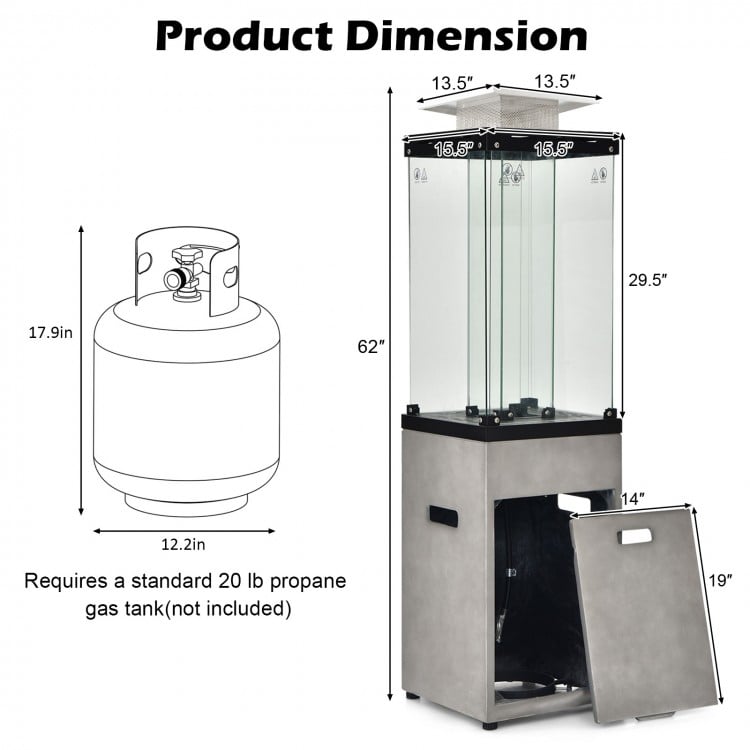 Dimensions of the 41,000 BTU propane patio heater with metal hood, designed for stability and easy mobility.