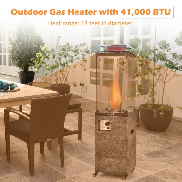 41,000 BTU propane patio heater in dark gray with lockable wheels, providing warmth and style for outdoor gatherings.