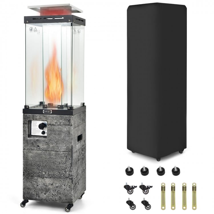 41,000 BTU propane patio heater in dark gray with lockable wheels, tempered glass, and waterproof cover for outdoor use.
