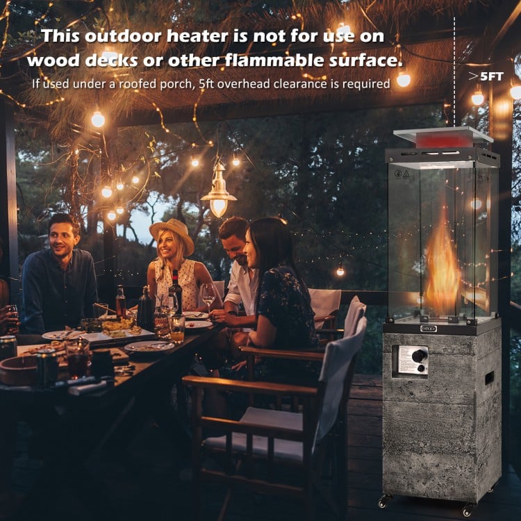 Dark gray 41,000 BTU propane patio heater with lockable wheels, ideal for outdoor gatherings and weather-resistant.