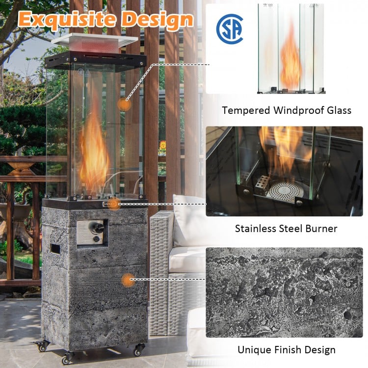 41,000 BTU propane patio heater with lockable wheels, stainless steel burner, and tempered windproof glass for outdoor.