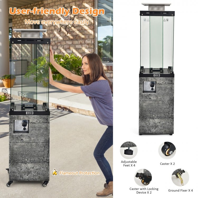 41,000 BTU propane patio heater in dark gray with lockable wheels, ideal for outdoor warmth and stylish decoration.
