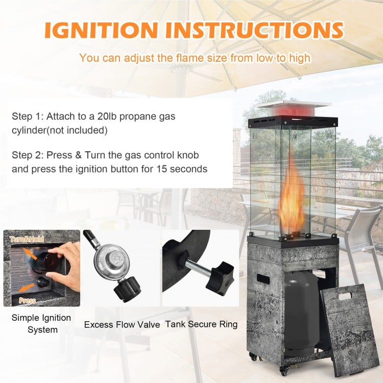 Propane patio heater with lockable wheels, dark gray finish, featuring a simple ignition system for outdoor warmth.