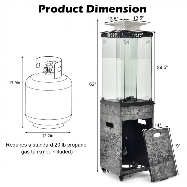 Propane patio heater with lockable wheels, dark gray finish, 41,000 BTU, designed for outdoor warmth and style.
