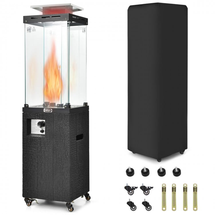 41,000 BTU propane patio heater in black with tempered glass, lockable wheels, and waterproof cover for outdoor use.
